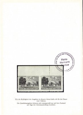 Pr IIA ZT, Balíková připouštěcí známka Terezín, krajová vodorovná dvojpáska, ŘZ 10 ½ s posunem svislé perforace mezi známkami, v barvě černé, neznatelný ohyb v rohu, bez znaleckých značek, atest Paetow, katalog Pofis tuto variantu neuvádí