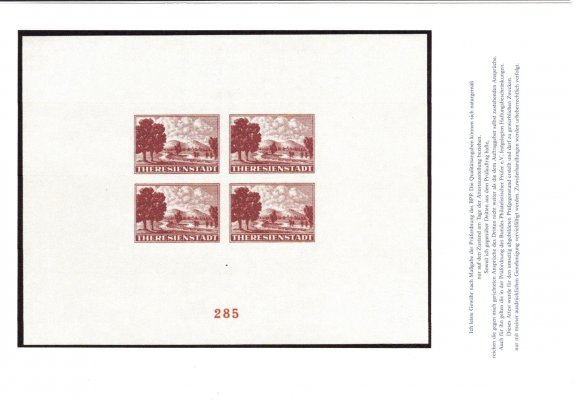  Pr A1a, Balíková připouštěcí známka Terezín, propagační aršík pro Červený kříž číslo 285 v barvě hnědé, drobná skvrnka na lepu, atest Pfeiffer