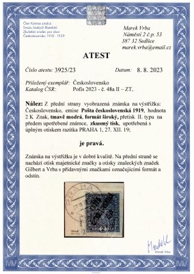  48a II ZT, Znak 2 K tmavě modrá, typ II, široký formát, přetisk na předem upotřebené známce na výstřižku, razítko Praha 1, 27/XII/19, zk. Gilbert, Vrba a atest Vrba