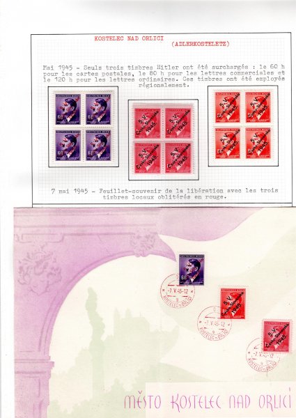 Kostelec nad Orlicí - přetisk na známkách A. H. 4 bloky + výsadní tisk