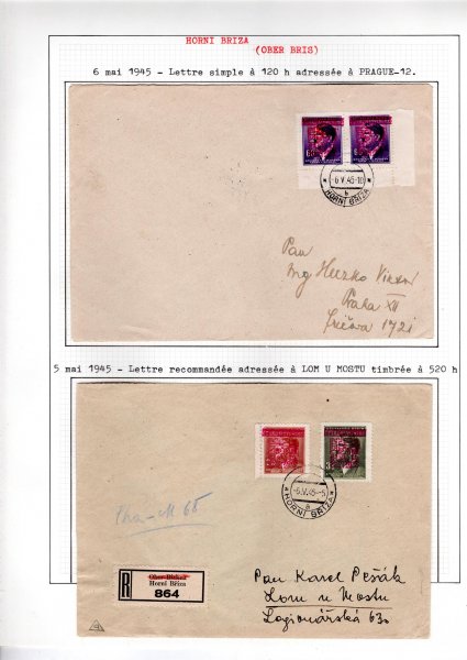 Horní Bříza - přetisk na známkách A.H. ,R + obyčejný dopis