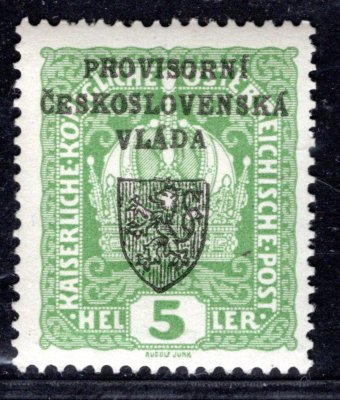 RV 2,  I. Pražský přetisk, ruční sazba, typ I, světle zelená 5 h, zk. Vrba, hledané