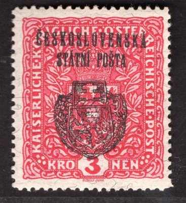RV 38 a,  II. Pražský přetisk, papír žilkovaný, znak, červená 3 K, široká -  zk Vrba