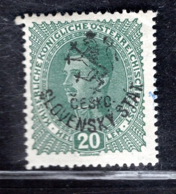RV 91, Hornerův přetisk (Budějovické vydání),  Karel, modrozelená 20 h,  zk. Vrba