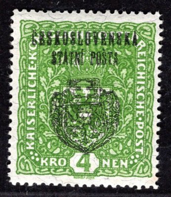 RV 39a, II. Pražský přetisk, papír žilkovaný, znak, zelená 4 K, zkoušeno Lešetický