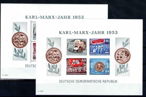 DDR - Mi. Bl. 9 A+B, Marx, zoubkovaný a nezoubkovaný aršík