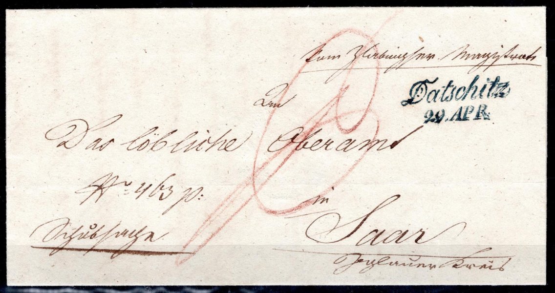 Skládaný dopis z Dačic z r. 1842, tmavě modré řádkové raz. Datschitz, 29. APR., Vot. 384/2, 60 bodů