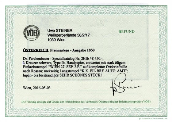 2 kr černá, ruční papír, typ Ib, úzké střihy, na skládaném dopise malého formátu, raz. WIEN, 27 / SEP., atest Steiner, ANK € 500.-