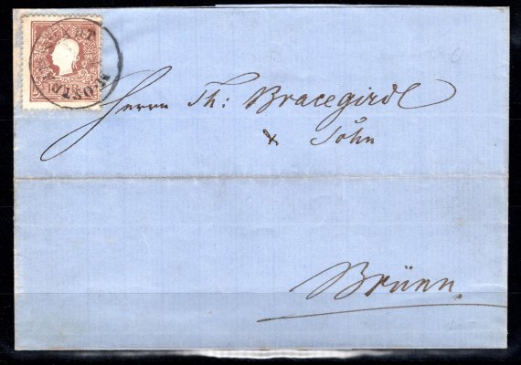 Skládaný dopis z r. 1860 vypl. 10 kr hnědá druhé emise, typ II, raz. M. OSTRAU STADT, 14 / 11, vzadu příchozí rámečkové raz. BRÜNN, 15. 11. I. EXP.