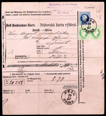 "Poštovská karta výběrní" s natištěnou známkou 10 kr a dofr. dvoupáskou 3 kr jemný tisk, raz. PRAG / PRAHA, 29. 11. 80, obzvlášť hezká zachovalost