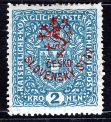 RV 58a, Marešův přetisk, červený, papír žilkovaný, znak, modrá 2 K, zk. Gilbert