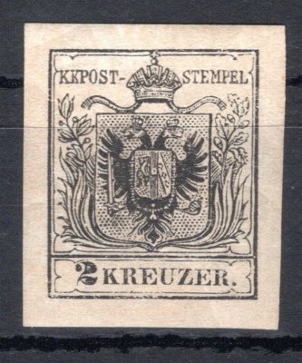 2 N; 2 kr, typ IIIb, černá, novotisk z původní desky, přerušené orámování nad číslicí 2, popraskaný lep (obvyklý stav), bez stopy po nálepce