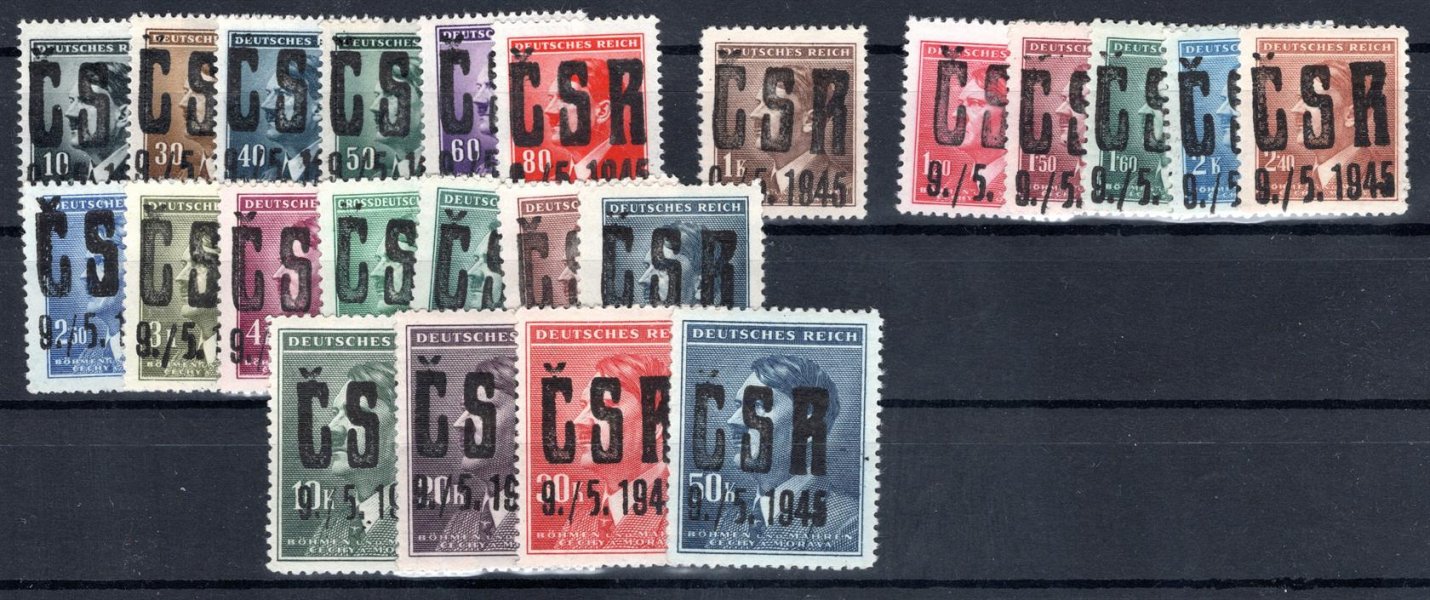 1945 - kompletní řada přetisků na známkách A.H. neznámé, některé nižší hodnoty bez lepu