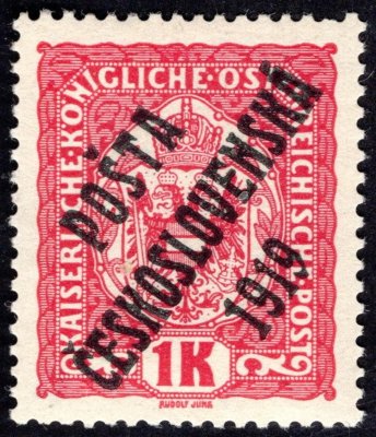 47a, typ II, přetisk černý, znak, červená 1 K, zk. Lešetický, Gilbert, Beneš - luxusní kus 