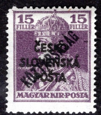 RV 147, Šrobárův přetisk, na 15 f fialová s přetiskem Köztársaság, náklad II,  zk. Gilbert, hledaná známka 