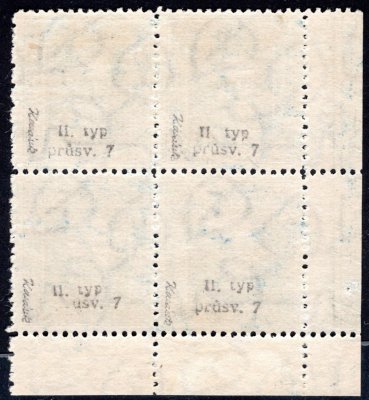 195, P 7, typ I TGM, rohový 4 blok s bordurou a s DČ 2, modrá 2 Kč, zk. Karásek