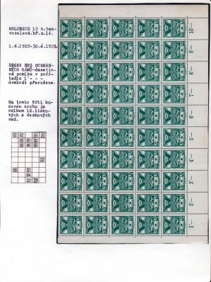 145 A, horní 50-ti kusový arch s okrajem + dolní 50-ti kusový s počítadly,,  různé tiskové a deskové vady, v počítadle čislice "1" přerušení desetinné čárky 2 x, zelená 10 h