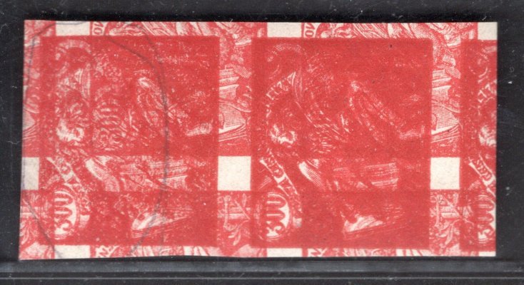 166 N, nezoubkovaná svislá dvoupáska s dvojitým tiskem a obtiskem, červená 300 h, zajímavé