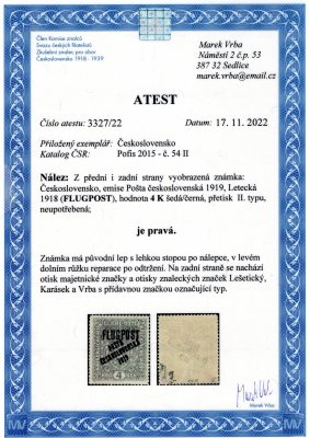 54, 4 koruna Flugpost typ II. Hezká známka se stopou po nálepce a reparací v růžku. Zkoušeno Lešetický, Karásek, Vrba + Atest Vrba 