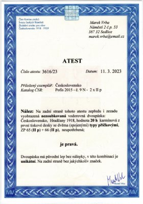 9 N PT , 2 x příčkový  typ, vodorovná dvoupáska se dvěma spojenými příčkovými typy na ZP 65 a 66/ I. tiskové desky, je znám ještě jeden 4blok s těmito spojenými typy tento *. Jsou tedy známé pouze dva exempláře, tento kus  má původní lep bez nálepky, v této kvalitě bez nálepky  pravděpodobně unikát, bez znaleckých značek, atest Vrba, zcela mimořádné! poprvé v aukci