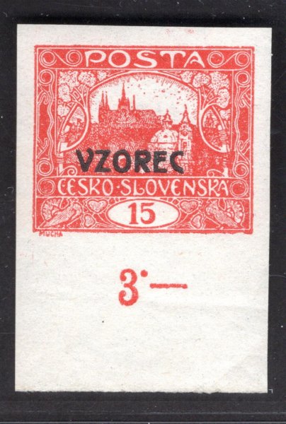 7 VZ, I. spirálový typ, přetisk VZOREC, krajová s počítadlem, ZP 92/I. tisková deska, cihlově červená 15 h, bez znaleckých značek, atest Vrba, vzácná a ojediněle se vyskytující známka s půvpdním lepem bez nálepky