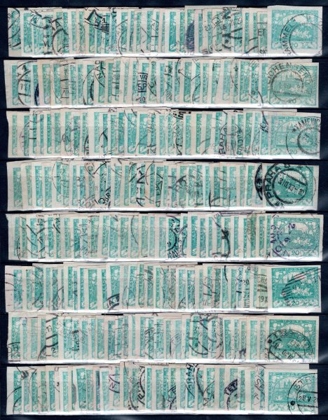 8; partie ražených známek 20 h modrozelená (zhruba 500 kusů na výmětovém listu A4), barevné odstíny, studijní materiál