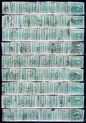 8; partie ražených známek 20 h modrozelená (zhruba 500 kusů na výmětovém listu A4), barevné odstíny, studijní materiál
