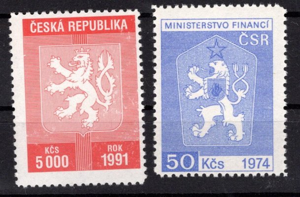 rok 1974, 1991 , Kolky na provoz herních automatů, nominální hodnota známek 50 Kčs modrá  + 5000 Kčs červená - zajímavé 