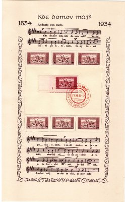283 - 284, 1 Kč +2 Kč, Aršíky KDM bez prostřed 9 známek, místo nich podlep list papíru s orazítkovanou známkou, včetně destiček, dekorativní 