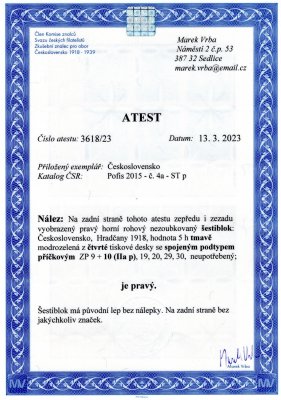 4 Na STp, pravý horní rohový nezoubkovaný 6-ti blok se spojeným příčkovým podtypem na ZP 10/IV. TD, tmavě modrozelená 5 h, 6-ti blok s původním lepem bez nálepky, atest Vrba, bez značek