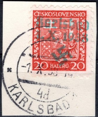 Karlsbad 3A EST, 20 halířů n výstřižku, Sudety- razítko 1.X.1938, Atest Robert Brunel