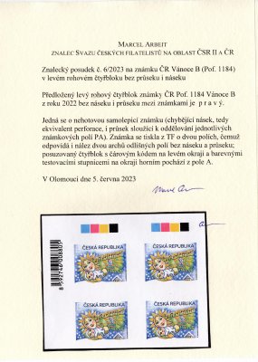 ČR 1184 Vánoce B, levý horní rohový čtyřblok bez náseku známek i průseku mezi známkami (tj. bez perforace), s čárovým kódem vlevo a BTS na horním okraji, existují pouze dva archy (TF měla dvě pole), raritní položka, atest Arbeit, v rohovém čtyřbloku neopakovatelná příležitos