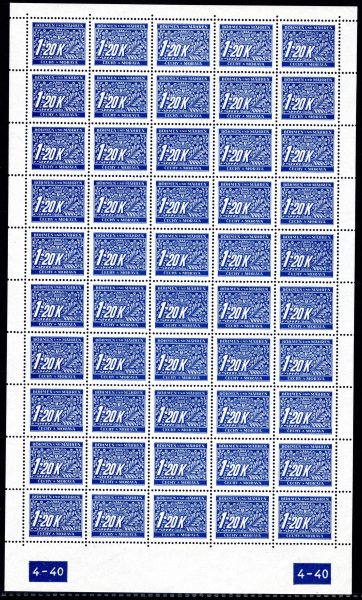 DL 10,  PA (50), modrá 1,20 K,  DČ 4-40, x-x, hledané, katalog cenu pro tuto variantu neuvádí