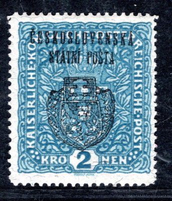 RV 37a,  II. Pražský přetisk, papír žilkovaný, znak, úzká modrá 2 K, zk. Vrba 