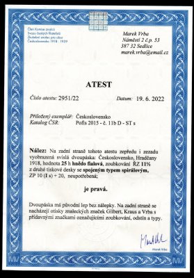 11 Db, STs, spojený spirálový typ, hnědofialová 25 h,  svislá dvoupáska, spirálový typ na ZP 10/II. TD, zk. Kraus, Gilbert, Vrba a atest Vrba, velmi vzácný a hledaný spojený typ, ojedinělá nabídka, poprvé v aukci