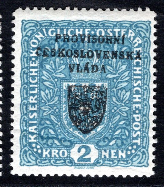 RV 16, formát úzký -  I. Pražský přetisk, znak, světle modrá 2 K, úzká,  zk. Gi, vrásy