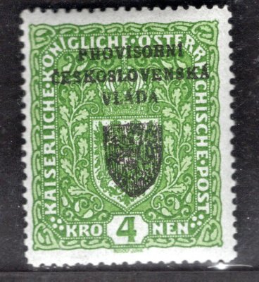 RV 18,  I. Pražský přetisk, formát úzký, znak, zelená 4 K, zk.Lešetický, Gilbert