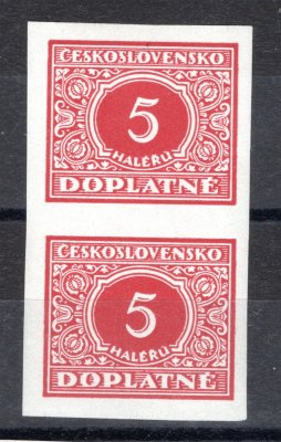 DL 55 N, doplatní, nezoubkovaná svislá dvoupáska, červená 5 h, zk. Gilbert, hledané