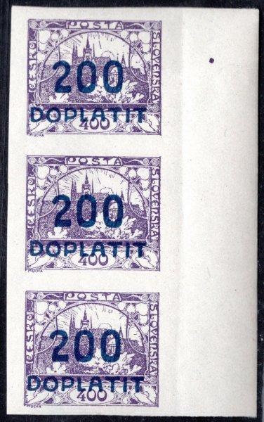 DL 28, doplatní, krajová, svislá třípáska, 200/400 modrofialová, otisk hřebíčku na okraji