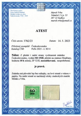SO 4, ZP 52/II. tisková deska, známka s původním lepem, vráska, zk. Mrňák,Vrba a atest Vrba, hledaná známka