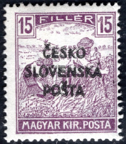 RV 142, Šrobárův přetisk, ženci, fialová 15 f, zk. Gilbert, Vrba