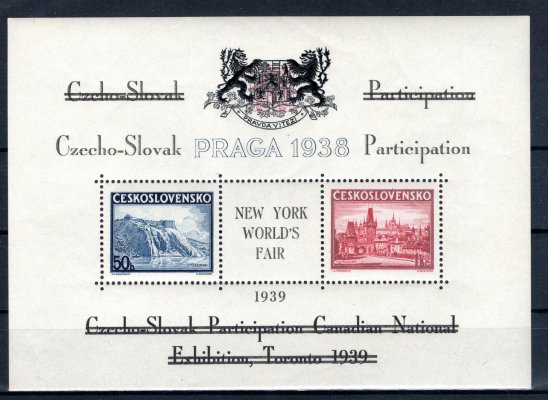 AS 10a, přítisk na aršíku A 342/3 Praga, TORONTO 1939, znak černý, text černý, nápisy přeškrtány, uprostřed přítisk NY WORLDS FAIR