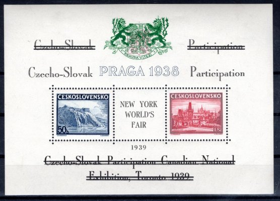 AS 10c, přítisk na aršíku A 342/3 Praga, TORONTO 1939, znak zelený, text černý, nápisy přeškrtány, uprostřed přítisk NY WORLDS FAIR