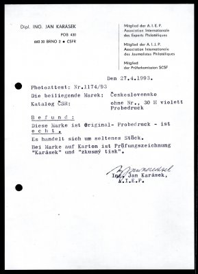 ZT, 1945, londýnské vydání, 30h v barvě fialové, zkusmý tisk, nezoubkovaný, nalepen na  kartonu, č. 391, zkoušeno a atest Karásek, řídký výskyt zkusmých tisků, hledané