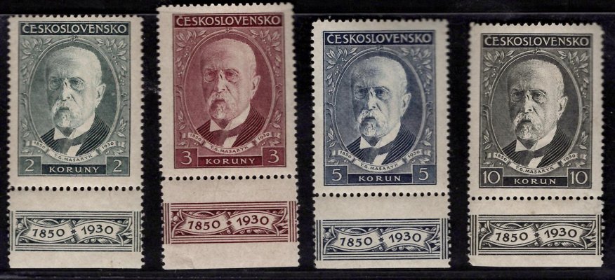 261 - 4 KD, TGM, kompletní řada, kupóny dolní, skvrnky v lepu 