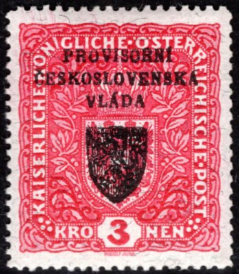 RV 17a, I. Pražský přetisk, papír žilkovaný, znak, světle červená 3 K, zk. Lešetický, Gilbert