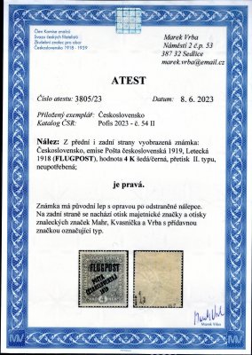 54 II, typ II, FLUGPOST, šedá 4 K, zkoušeno Mahr, Kvasnička, Vrba a atest Vrba. Známka s původním lepem s opravou po nálepce.  Koncová hodnota, hezky centrovaná a hledaná známka