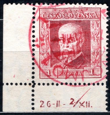 190 B, 1 Koruna červená typ I - široký formát, P7,  levý rohový kus s Dč  26-II-2./XII.