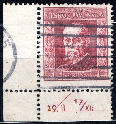 190 B, 1 Koruna červená typ I - široký formát, P5,  levý rohový kus s Dč  29./II 17/XII