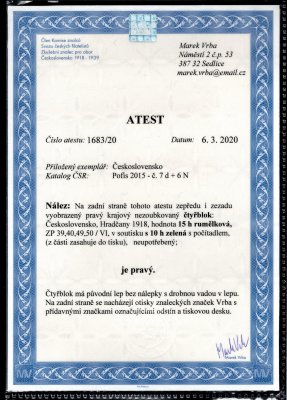 7 Nd + 6N, pravý krajový nezoubkovaný 4blok, rumělková 15h, VI. TD v soutisku s 10h zelená s počítadlem. Čtyřblok s původním lepem bez nálepky a dvl, zkoušeno a atest Vrba, velmi vzácné